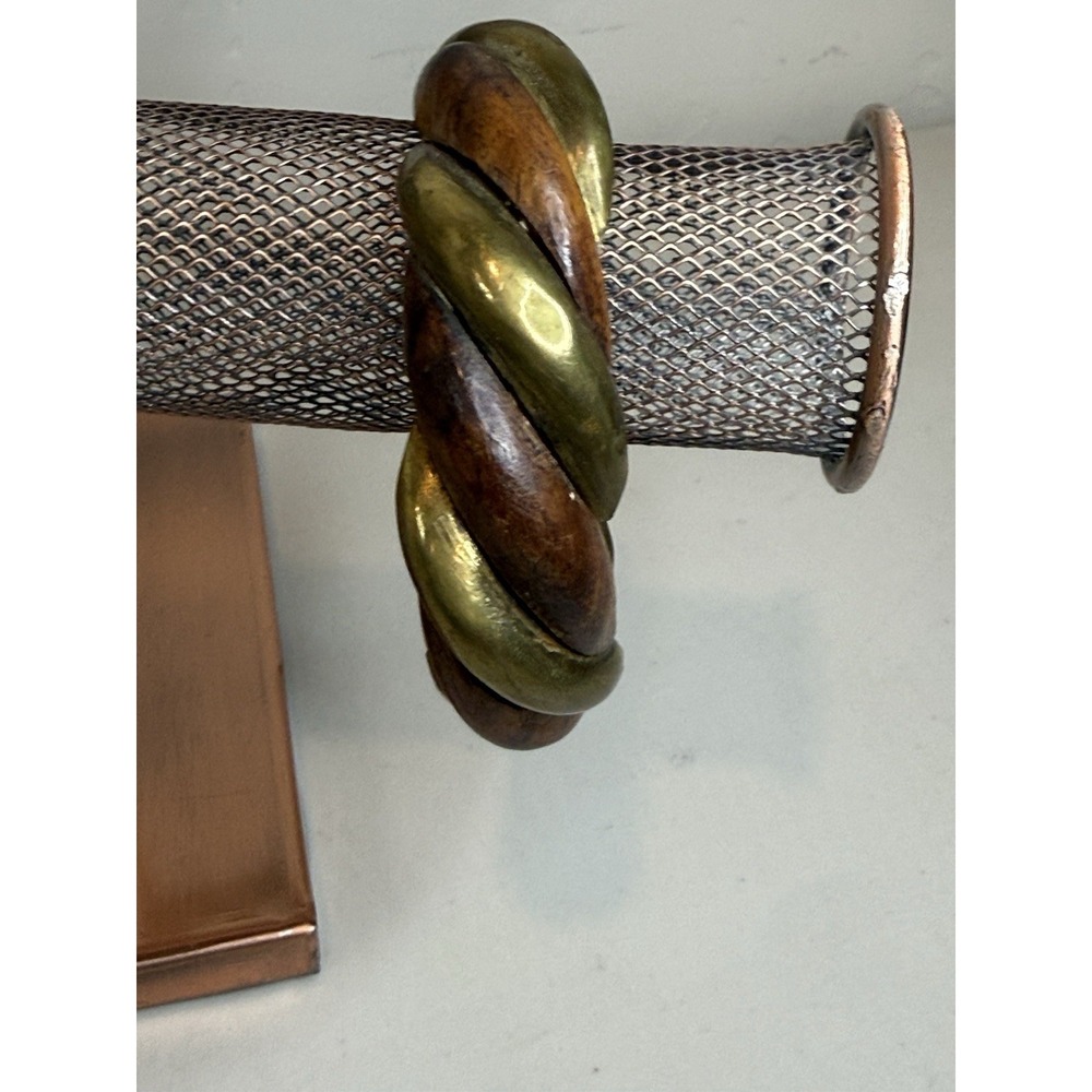 Vintage Wood Brass Twisted Bangle Bracelet Chunky Inlaid Rope Mixed Metal Boho
